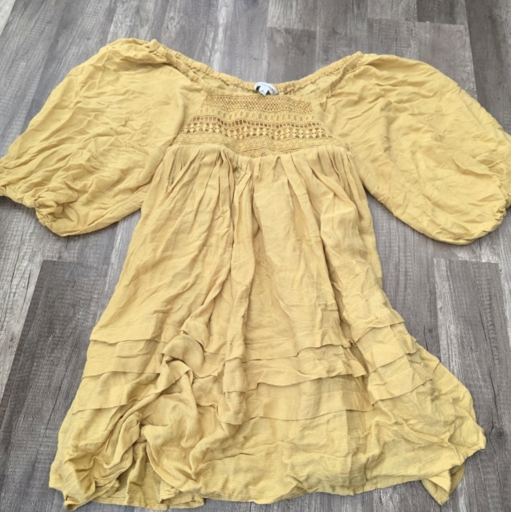 Festival Mustard Yellow Boho Peasant Dress Crochet Yoke Revolve Mini Puff Sleeve - Picture 1 of 5